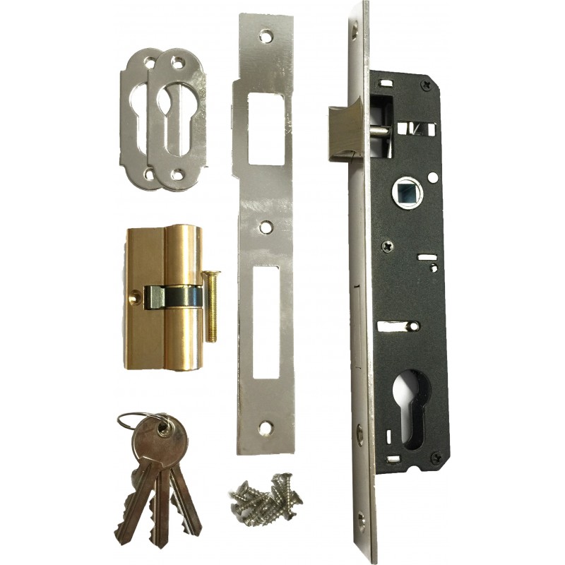 Serrure à larder pour portail et portillon pour tube 40x40mm - avec gâche, cylindre, 3 clés, rosace (rosette) de propreté