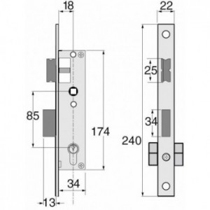 Serrure à larder pour portail et portillon pour tube 40x40mm - avec gâche, cylindre, 3 clés, rosace (rosette) de propreté