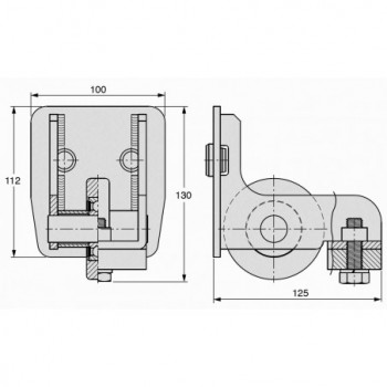 Vue détaillée du support à galet pour rail série 2000 FAC P100 installé sur un portail autoportant