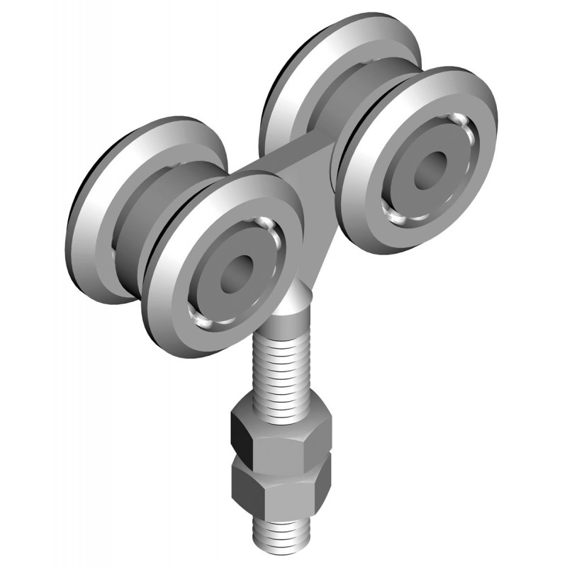 Chariot 4 roues acier ø55mm - M20 sur roulements pour porte coulissante suspendue - charge 600kg max