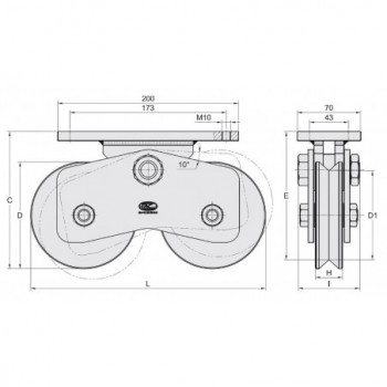 Chariot 2 roues gorge en V ø120 sur platine 200x70 ( 2)