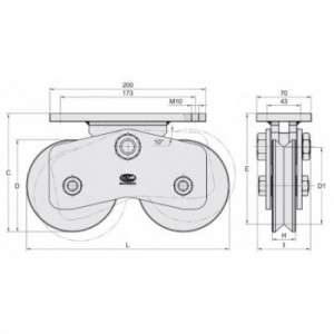 Chariot 2 roues gorge en V ø200 sur platine 200x70 ( 2)