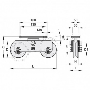 Chariot 2 roues gorge en V ø88mm sur platine 150x50 ( 2)
