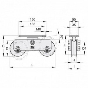 Chariot 2 roues gorge en V ø88mm sur platine 150x50 ( 2)