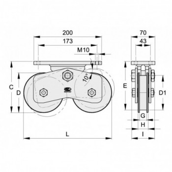 Chariot 2 roues gorge en U ø200 sur platine 200x70
