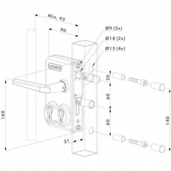 DOUBLE CYLINDRE - Serrure double cylindre pour profils carrés de 40mm en 9005 avec 3006M - Paire de poignées en aluminium & VS