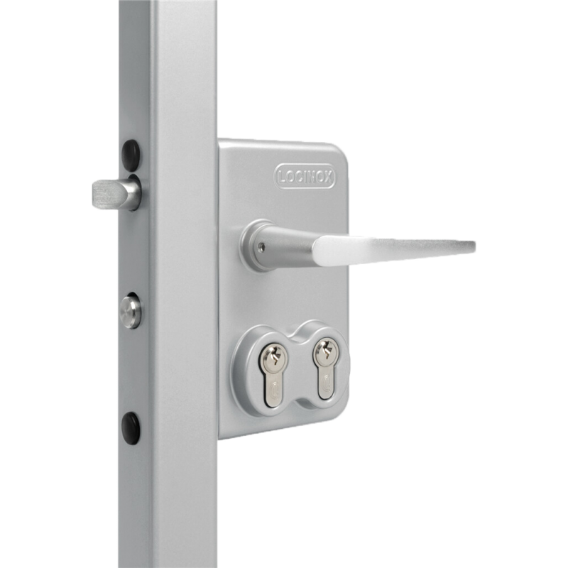 Serrure double cylindres Locinox - profils carrés de 40mm - couleur argent avec poignée 3006M en aluminium - Cylindres variés