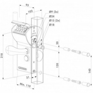 Serrure pour battant ,1 coté clavier et 1 coté sortie libre RAL 6005 pour 40 50 60