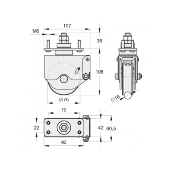 Roue gorge ronde ø16mm à rotule AMORTIE - à ressort - pivotante - pour portail sectionnel à angle - Radius FAC