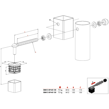 2 gonds M12 pour Portillons avec bouchon renforcé - Tige 150mm - pour tube 40mm