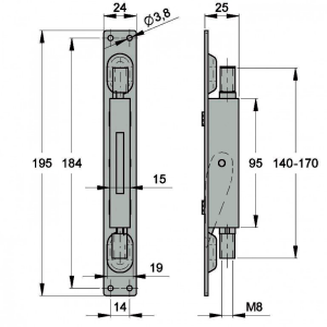 Verrou à encastrer ,de type cremone 1 filetage M8 d'un coté seulement