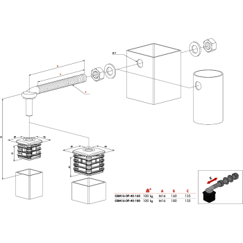 Paire de gonds M16 pour Portillons - Tige filetée 160mm - acier galvanisé - Bouchon renforcé en aluminium - Pour profil de 40