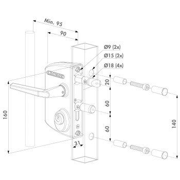 Serrure type industriel pour cylindre KABA-KESO pour profils plats de 10 à 30 mm en ZILV avec 3006M - Paire de poignées en alu