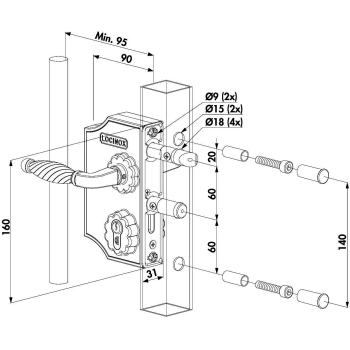 Serrure style fer forgé grand modèle Locinox - pour profils de 40 à 60mm - argentée