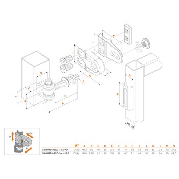 Charnière 180° avec système anti-dégondage - Oreille en U et plaque à souder en acier brut (B) avec M12 Boulon à oeil 90 m