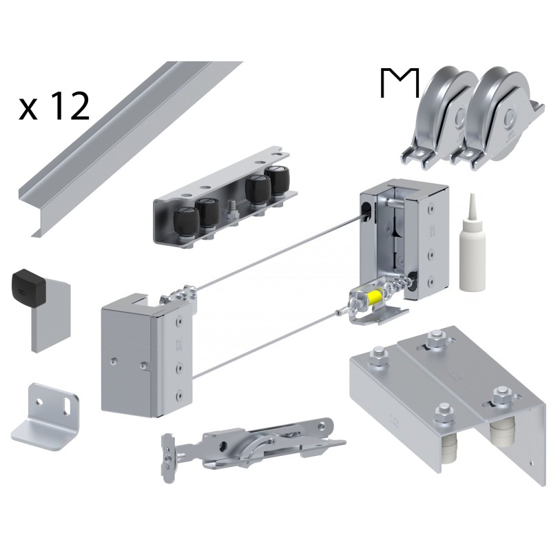 Kit pour portail coulissant télescopique multi-vantaux - ouverture max 12m de passage - rail et roue gorge en V ø100mm