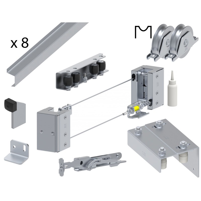 Kit pour portail coulissant télescopique 3-vantaux - ouv. max 6m de passage -  roue gorge ronde 20mm ø90mm