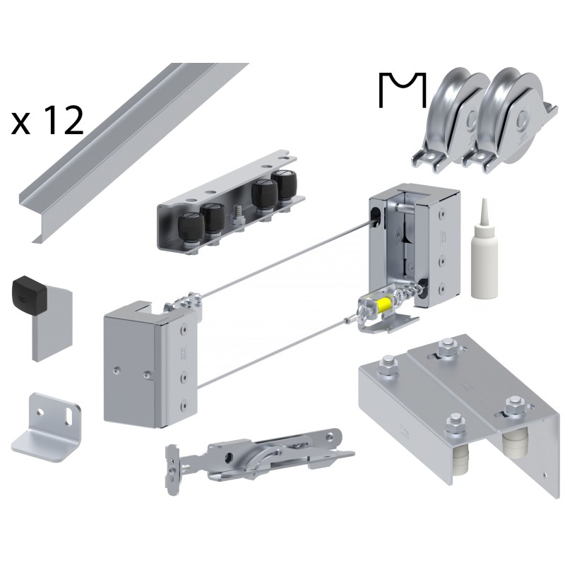 Kit pour portail coulissant télescopique multi-vantaux - ouverture max 12m de passage - rail et roue gorge ronde ø100mm