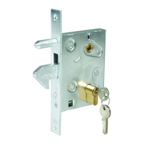 Serrure à crochet pour portail coulissant - pène rentrant - grand modèle - avec gâche et cylindre européen de 53mm, 3 clés