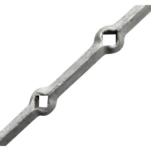 Barre perforée renflée - 2000mm - Trous renflés de 20mm - Section carrée de 20mm - Acier brut