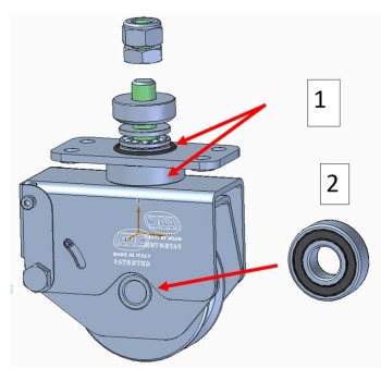 Roue gorge ronde ø16mm à rotule AMORTIE - à ressort - pivotante - pour portail sectionnel à angle - Radius FAC