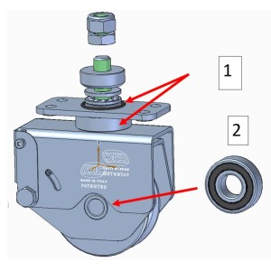 Roue gorge ronde ø16mm à rotule AMORTIE - à ressort - pivotante - pour portail sectionnel à angle - Radius FAC