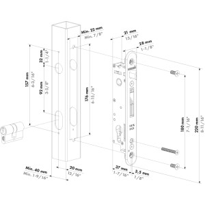 Serrure à encastrer tout INOX - FORTYLOCK - axe de 20 mm pour profils de 40mm et plus