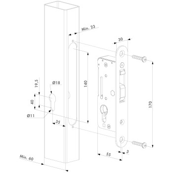 Serrure à encastrer en acier inoxydable sans poignées pour profil de 60mm mini