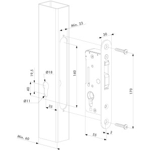 Serrure à encastrer en acier inoxydable sans poignées pour profil de 60mm mini