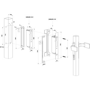 Schéma et cotes de la gâche électrique UNILEC-C Locinox compatible UNIWING, installation Click-It, IP56, butée 40 à 50 mm